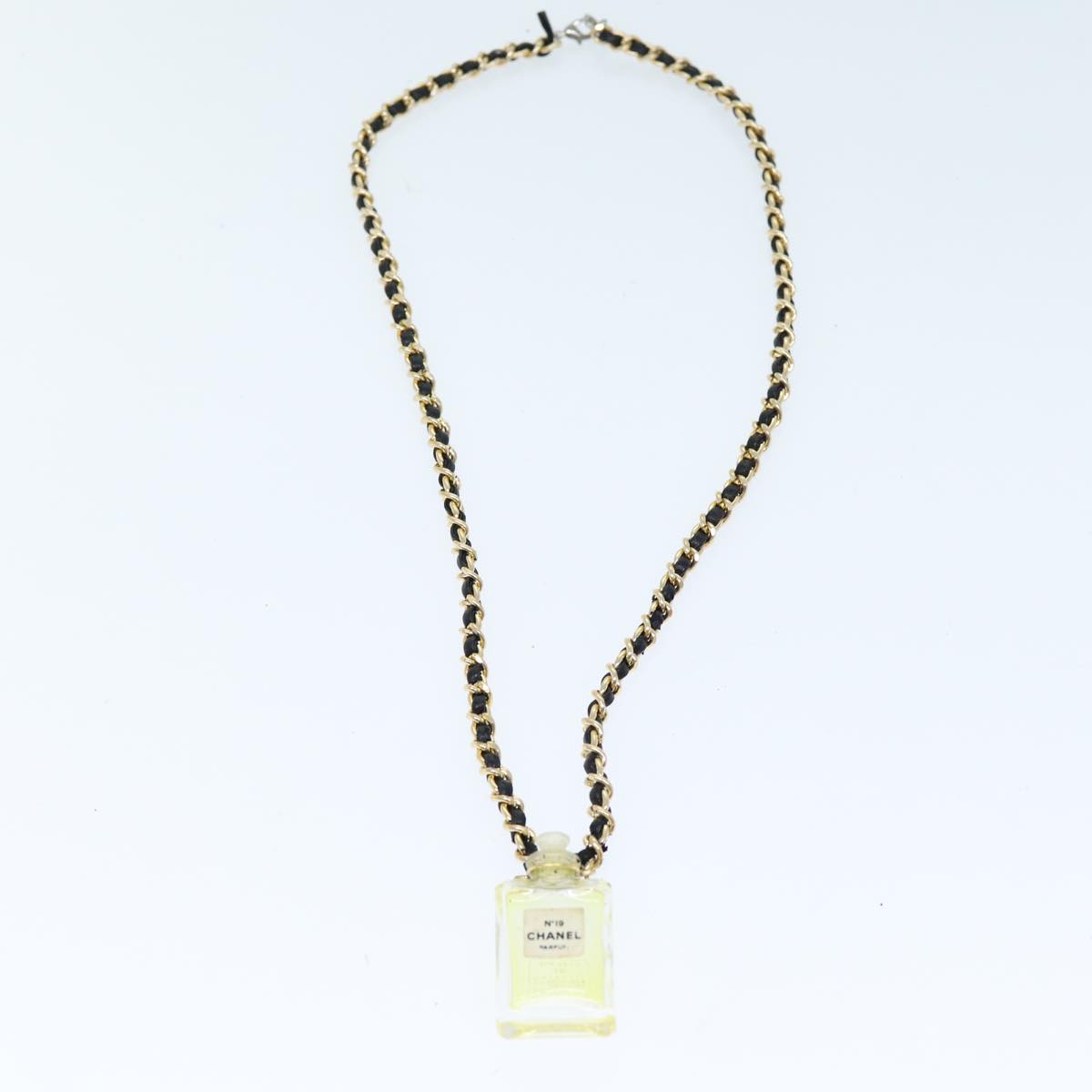 CHANEL Perfume N°19 Necklace Metal Leather Gold Black CC Auth bs13938