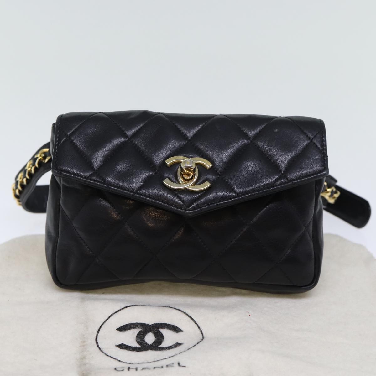 CHANEL Matelasse Turn Lock Waist bag Leather Black CC Auth bs13969