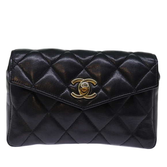 CHANEL Matelasse Turn Lock Waist bag Leather Black CC Auth bs13970