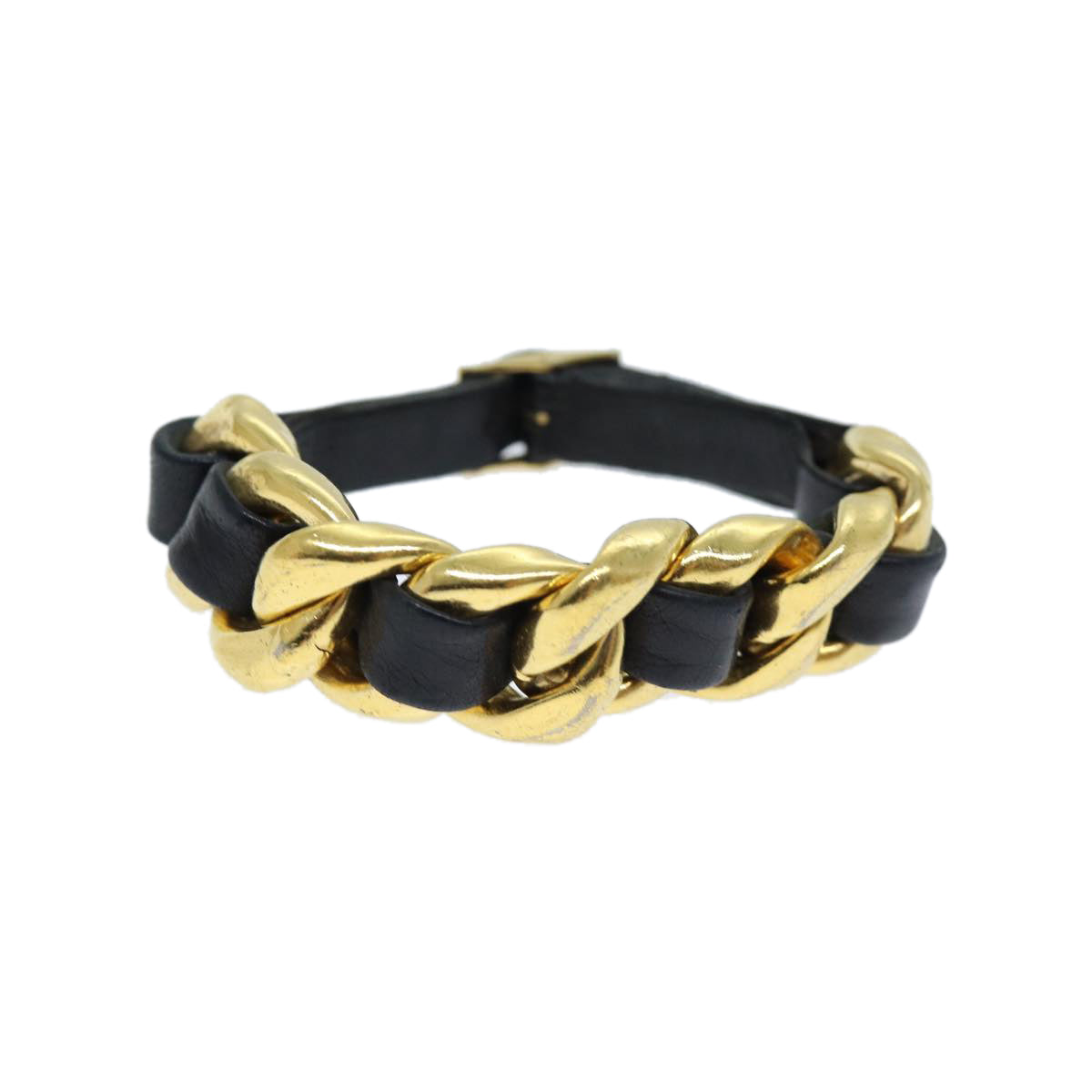 CHANEL Bracelet Metal Leather Gold Black CC Auth bs13971 - 0