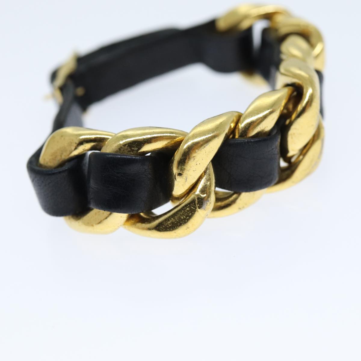 CHANEL Bracelet Metal Leather Gold Black CC Auth bs13971