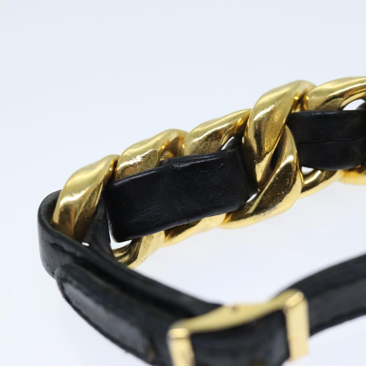 CHANEL Bracelet Metal Leather Gold Black CC Auth bs13971