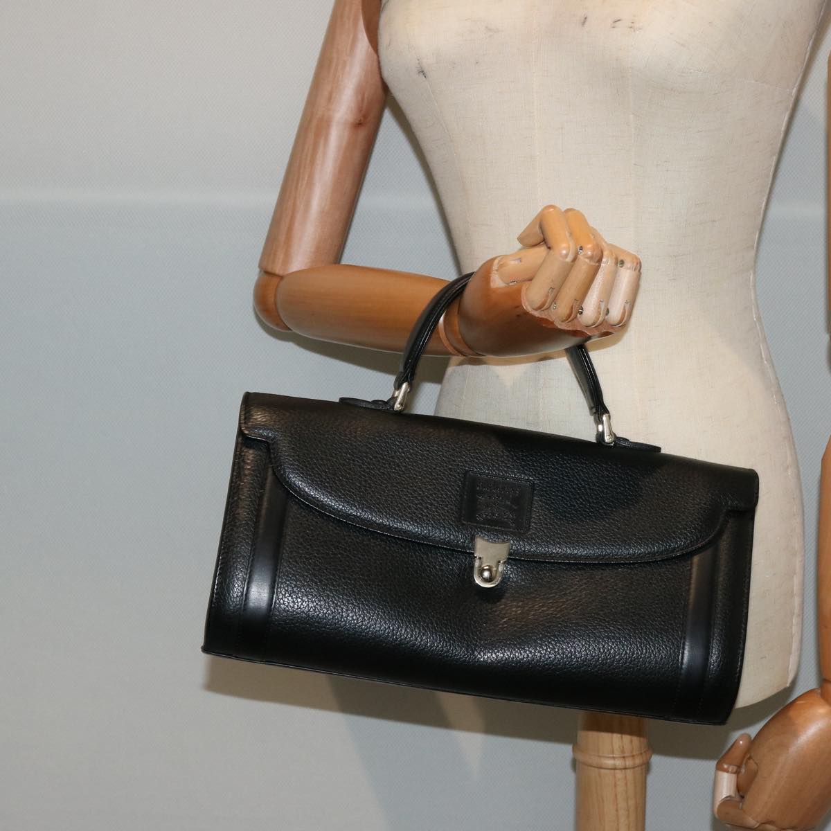Burberrys Hand Bag Leather Black Auth bs13979