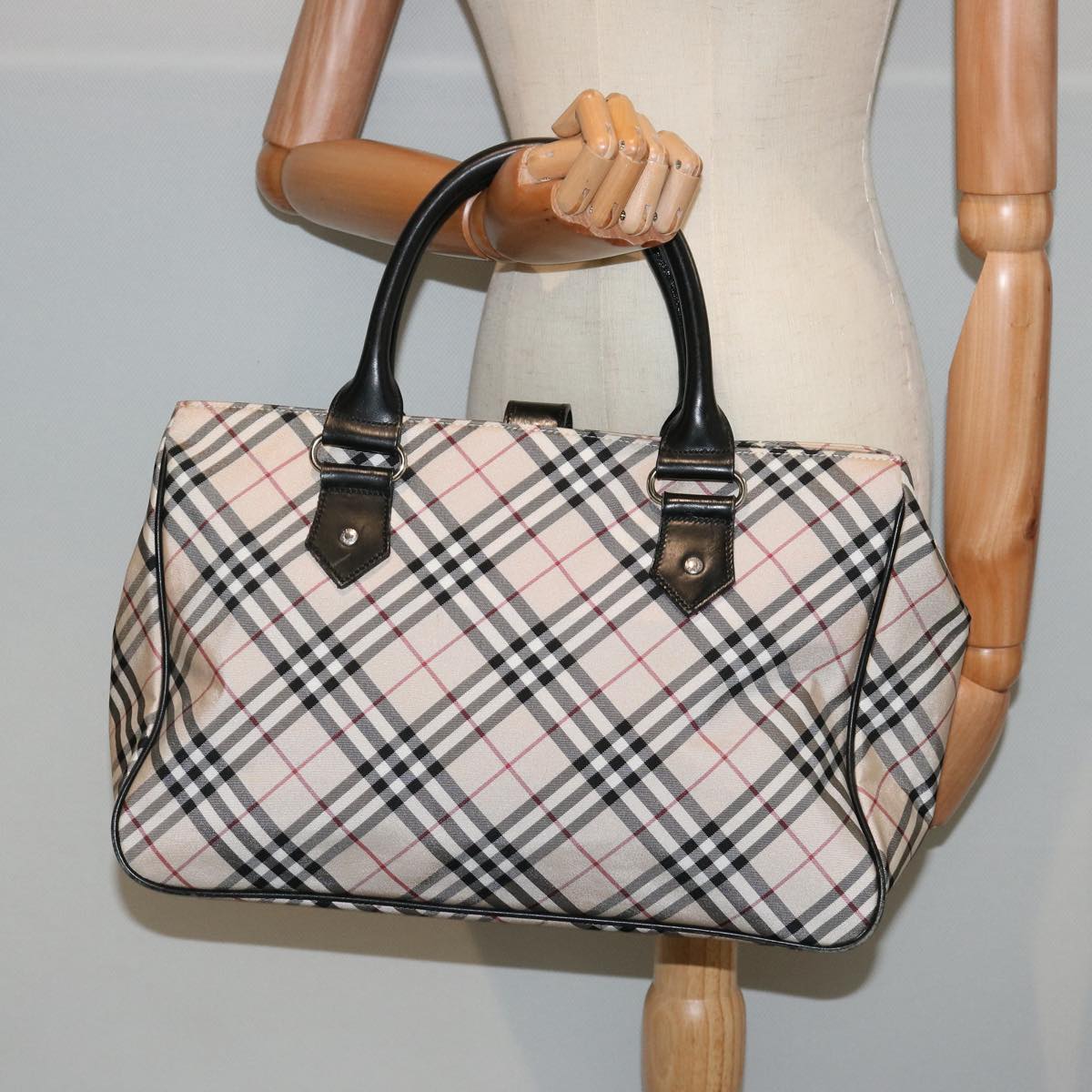 BURBERRY Nova Check Blue Label Hand Bag Nylon Beige Auth bs14029