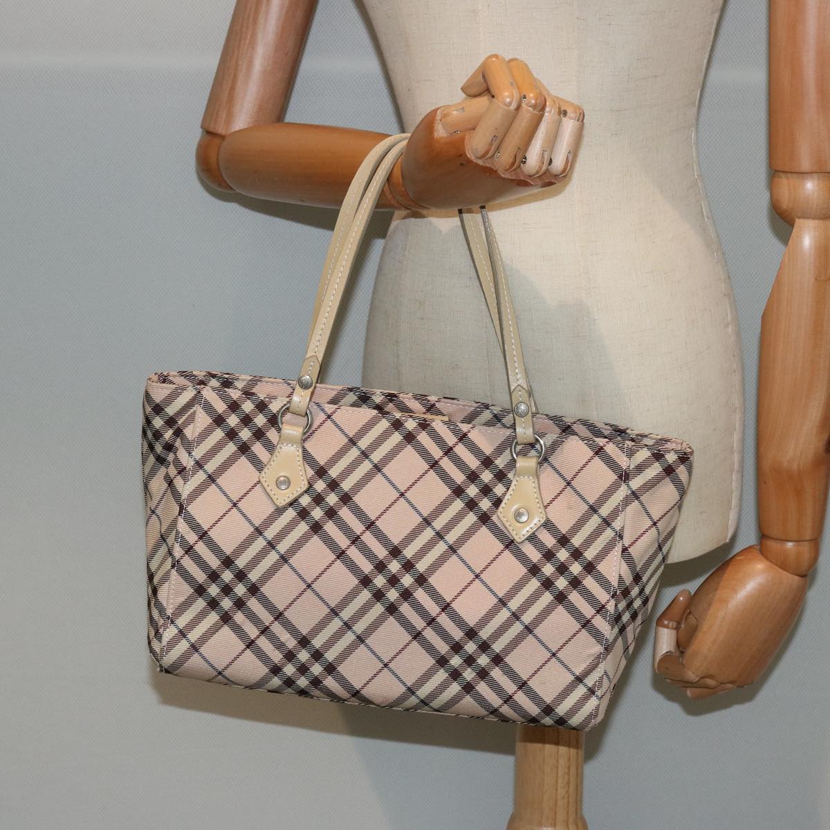 BURBERRY Nova Check Blue Label Tote Bag Canvas Beige Auth bs14030