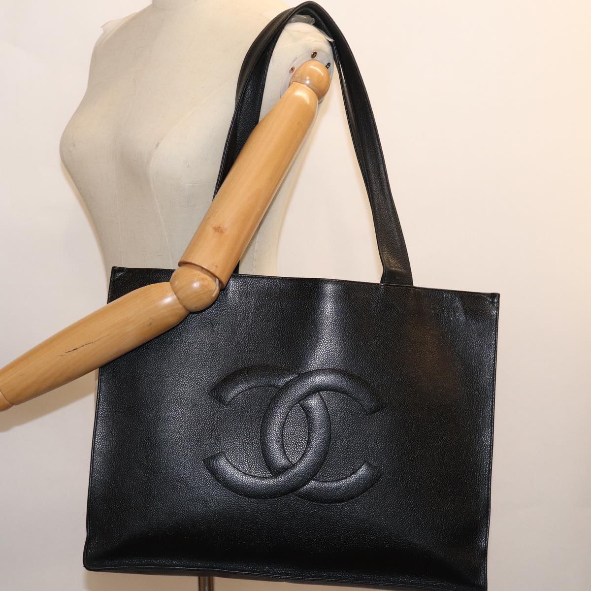 CHANEL COCO Mark Tote Bag Caviar Skin Black CC Auth bs14097