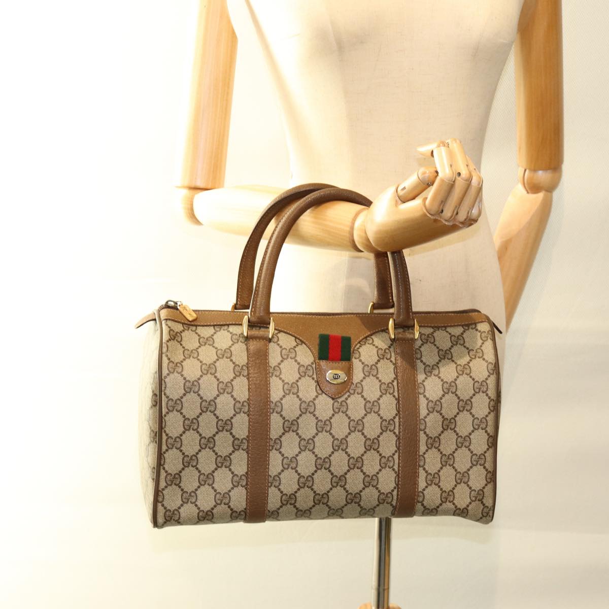 GUCCI GG Supreme Web Sherry Line Boston Bag Beige Red 111 02 007 Auth bs14106