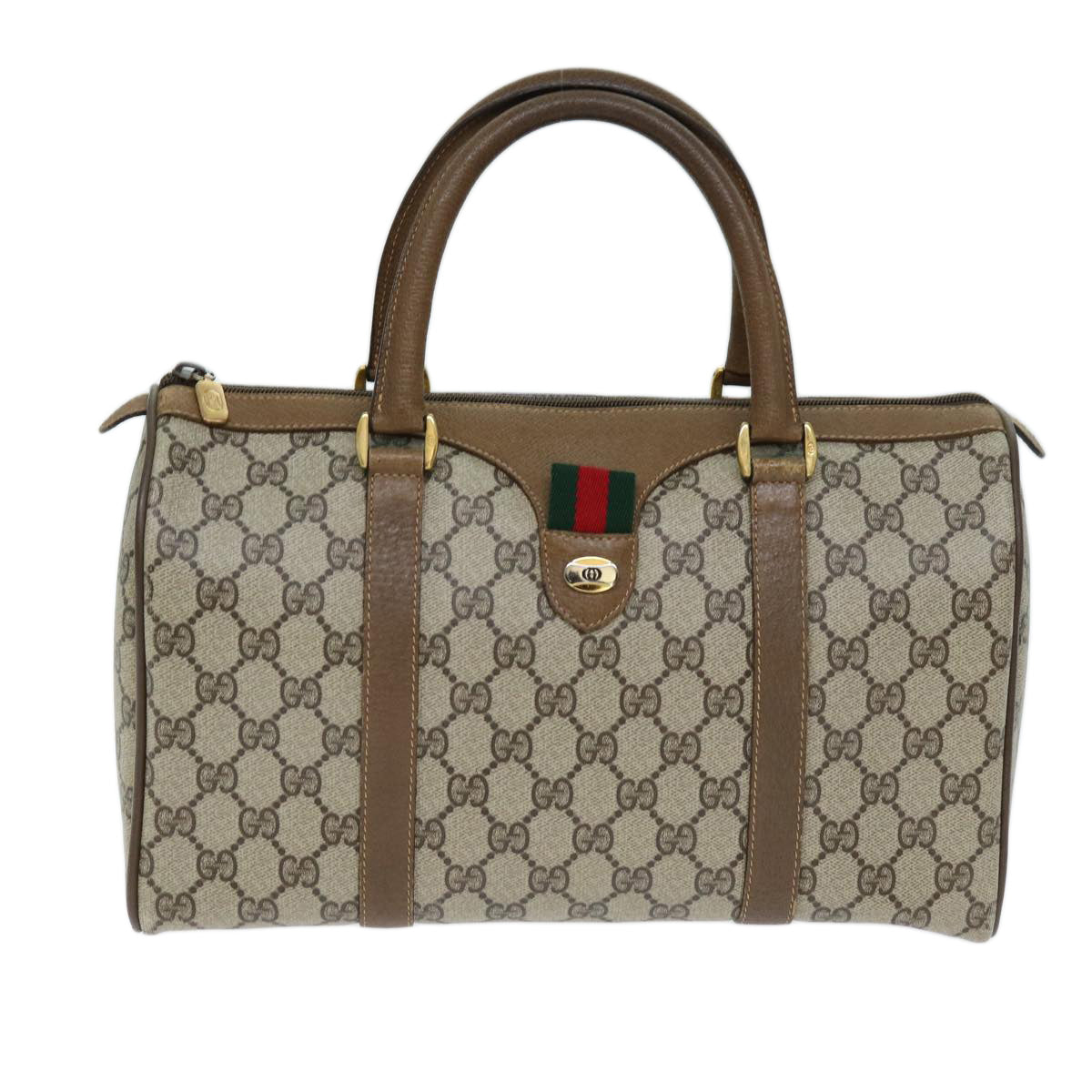 GUCCI GG Supreme Web Sherry Line Boston Bag Beige Red 111 02 007 Auth bs14106