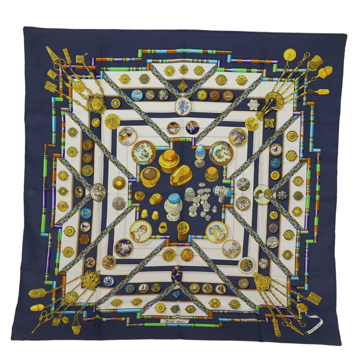 HERMES Carre 90 Scarf ""Pelile main"" Silk Blue Auth bs14202