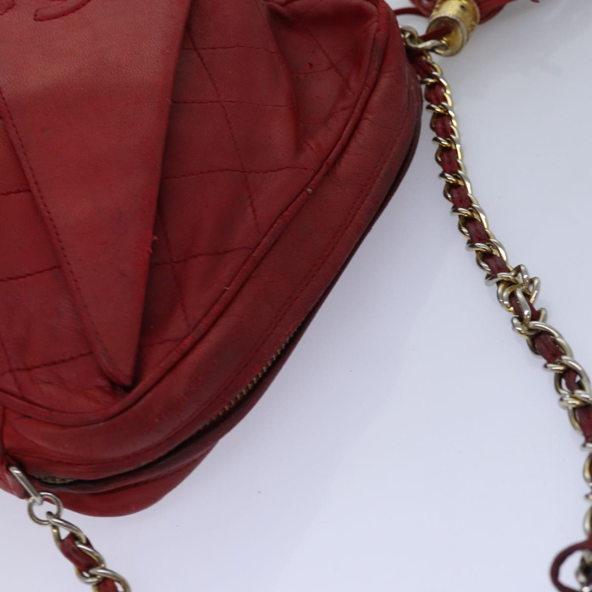 CHANEL Matelasse Chain Shoulder Bag Lamb Skin Red CC Auth bs14220