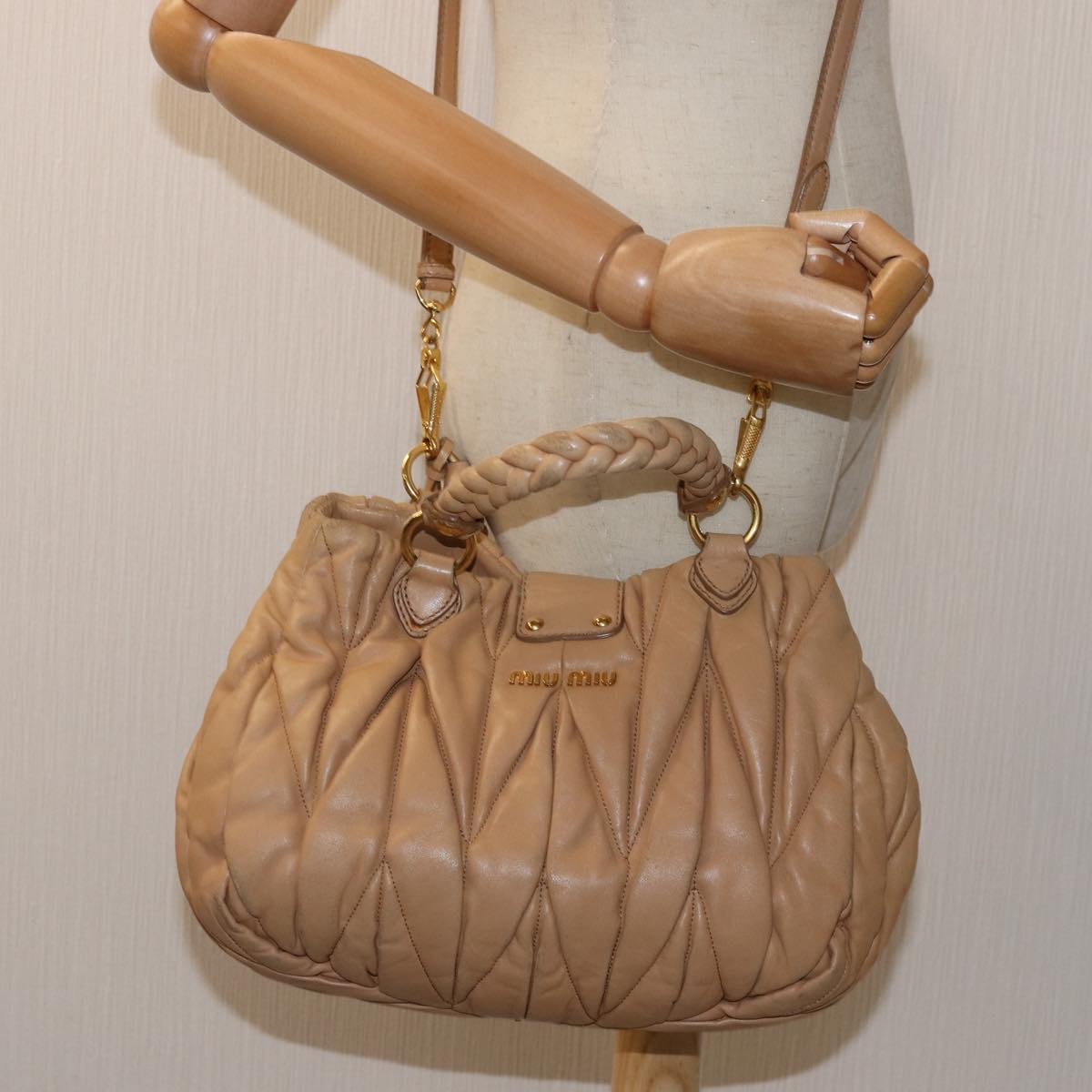 Miu Miu Materasse Hand Bag Leather 2way Beige Auth bs14259