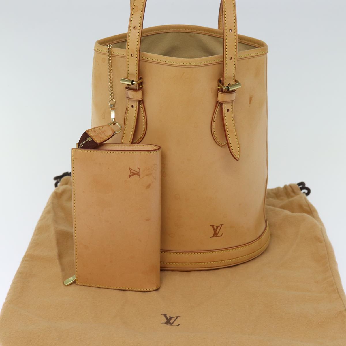 LOUIS VUITTON Nomad Leather Bucket PM Shoulder Bag Beige M85001 LV Auth bs14310