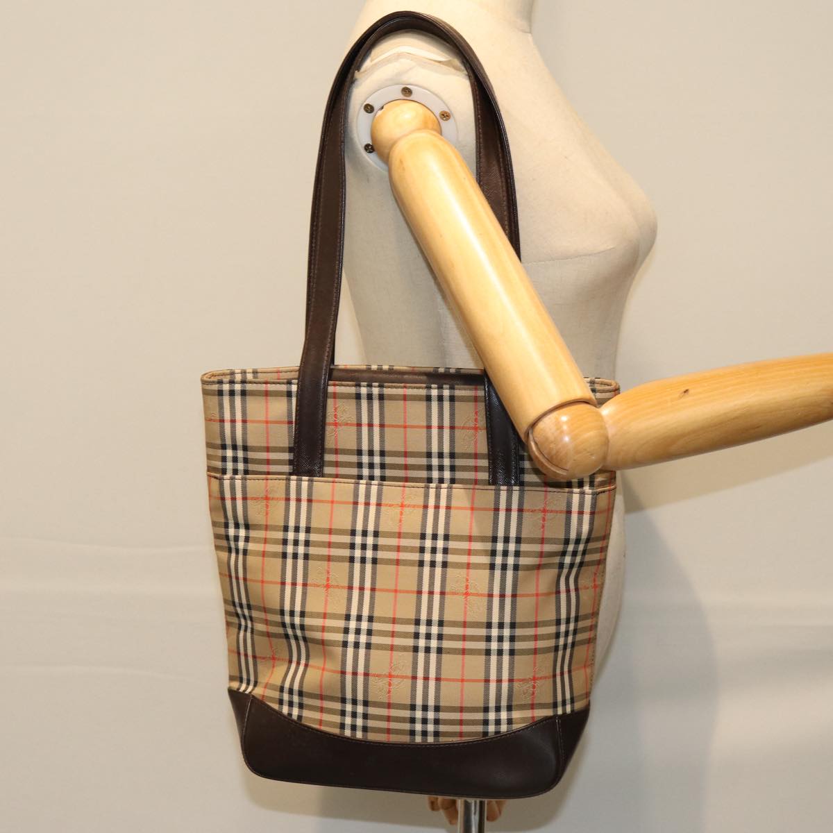 BURBERRY Nova Check Tote Bag Canvas Leather Beige Auth bs14347