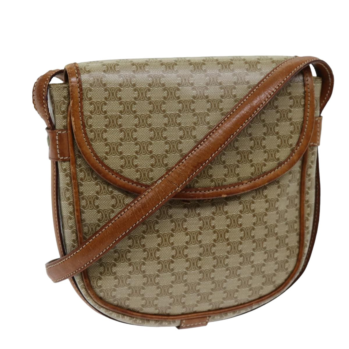 CELINE Macadam Canvas Shoulder Bag Beige Auth bs14377