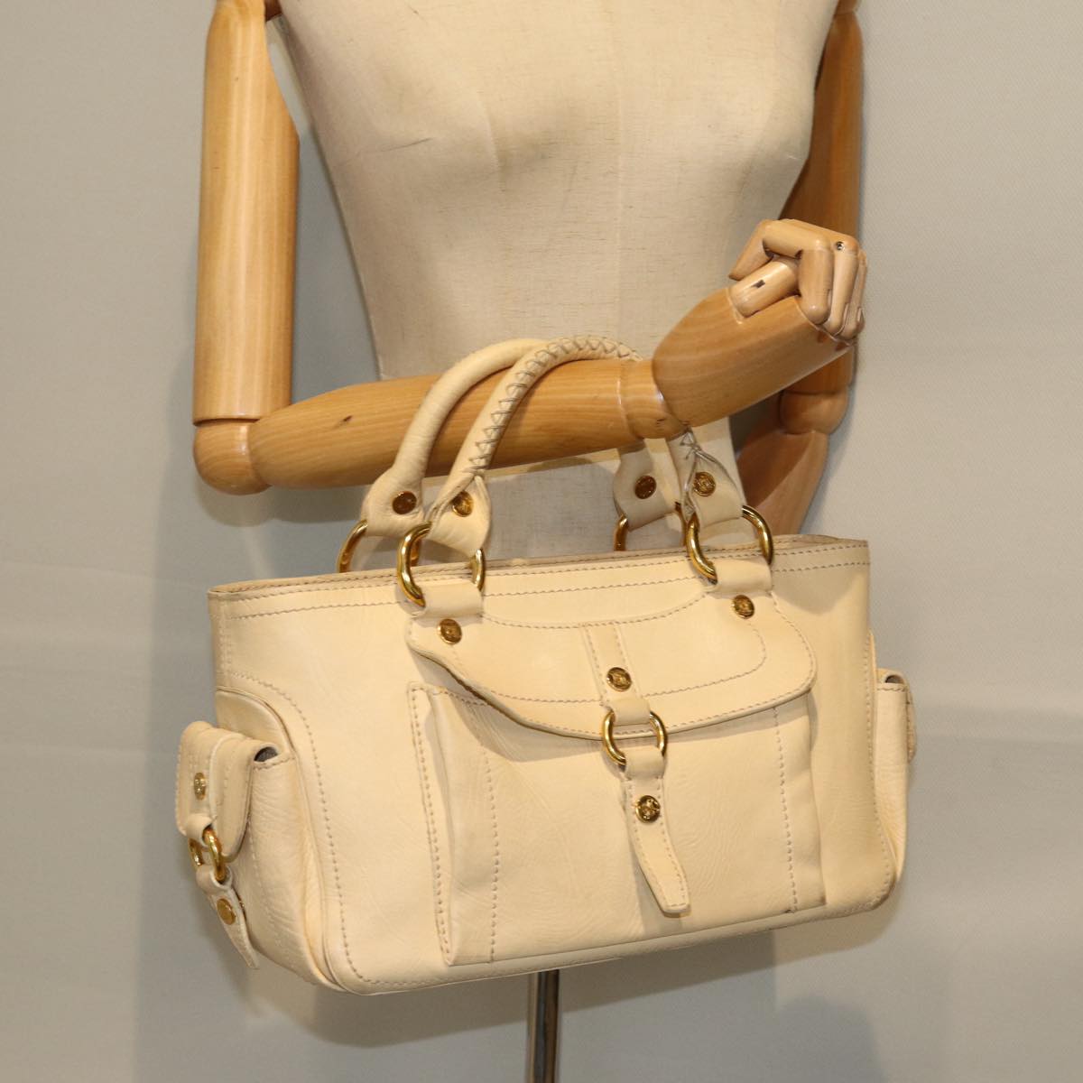 CELINE Boogie bag Hand Bag Leather Beige Auth bs14379