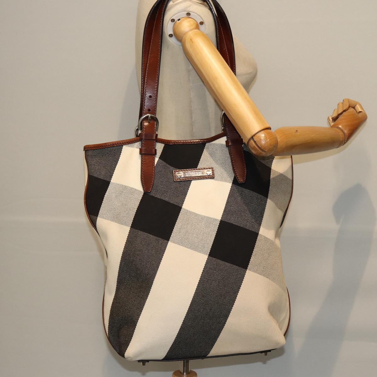 BURBERRY Shoulder Bag Canvas Black White Auth bs14386