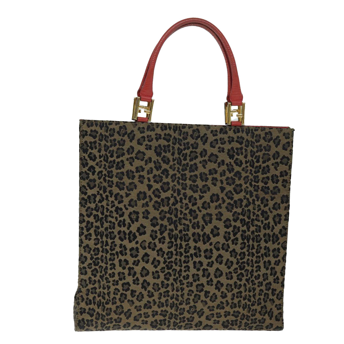 FENDI Leopard Hand Bag Canvas Brown Red Auth bs14393