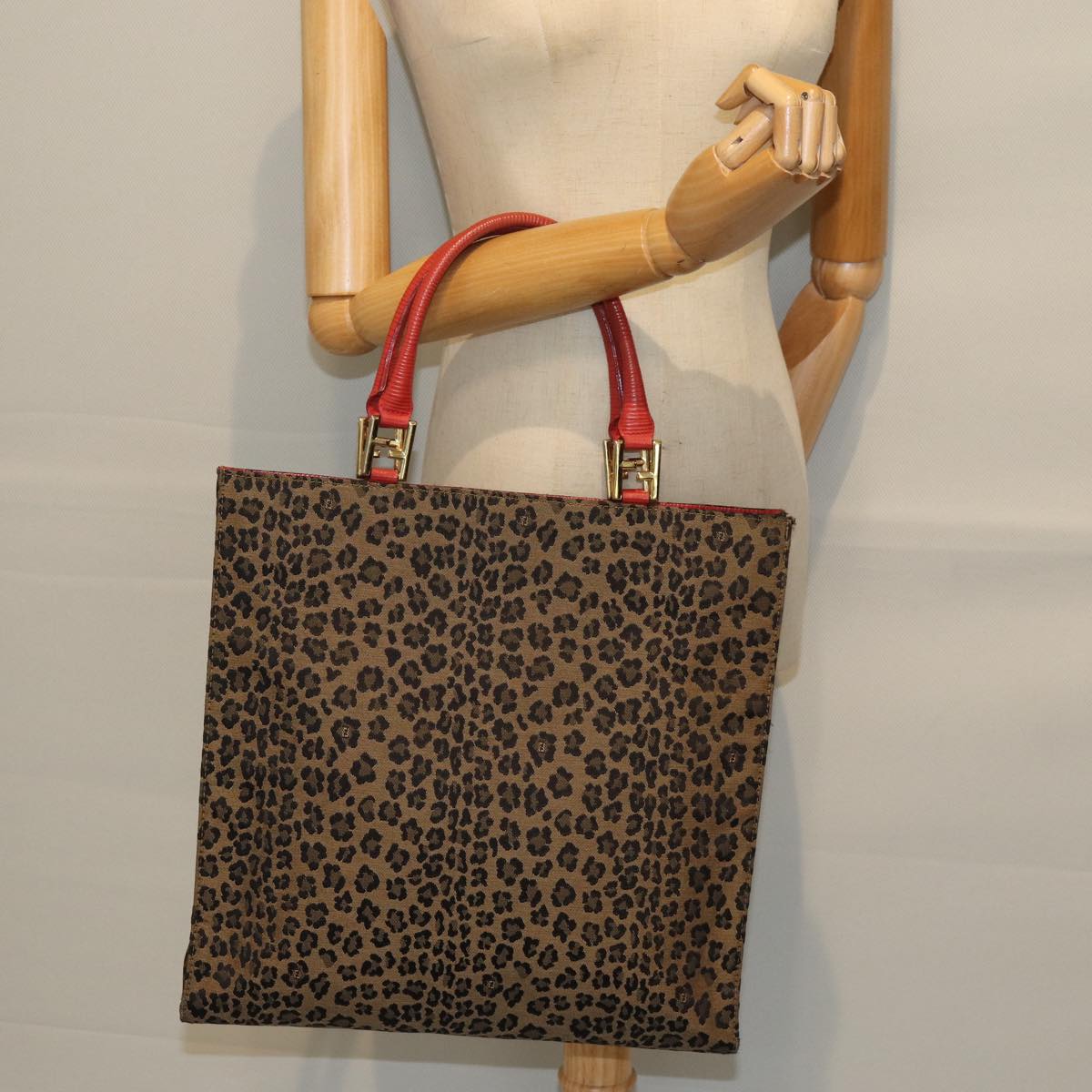 FENDI Leopard Hand Bag Canvas Brown Red Auth bs14393