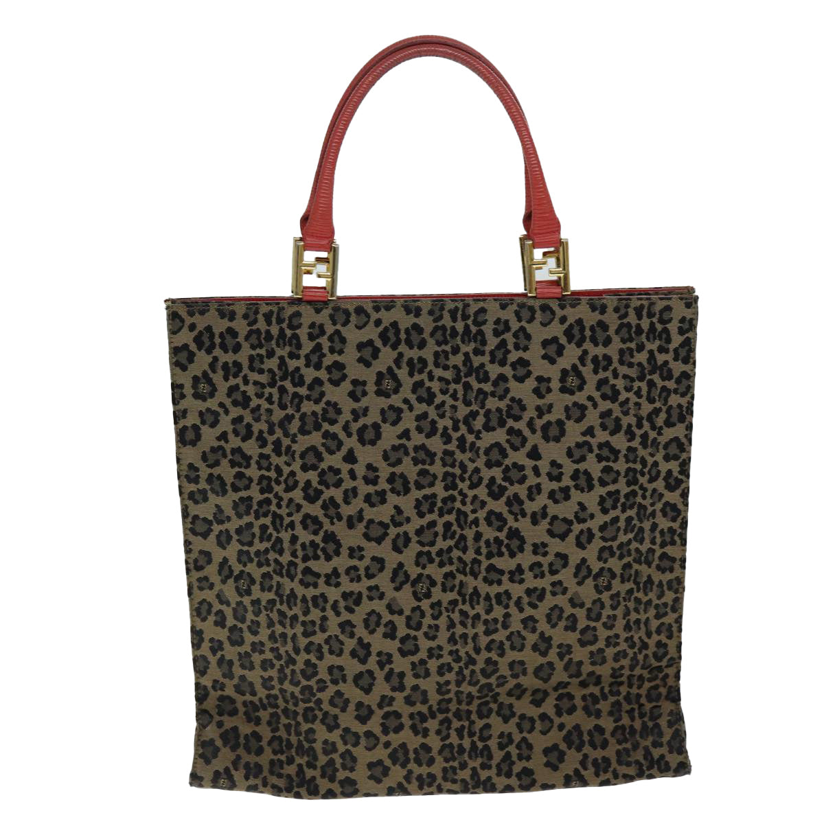 FENDI Leopard Hand Bag Canvas Brown Red Auth bs14393