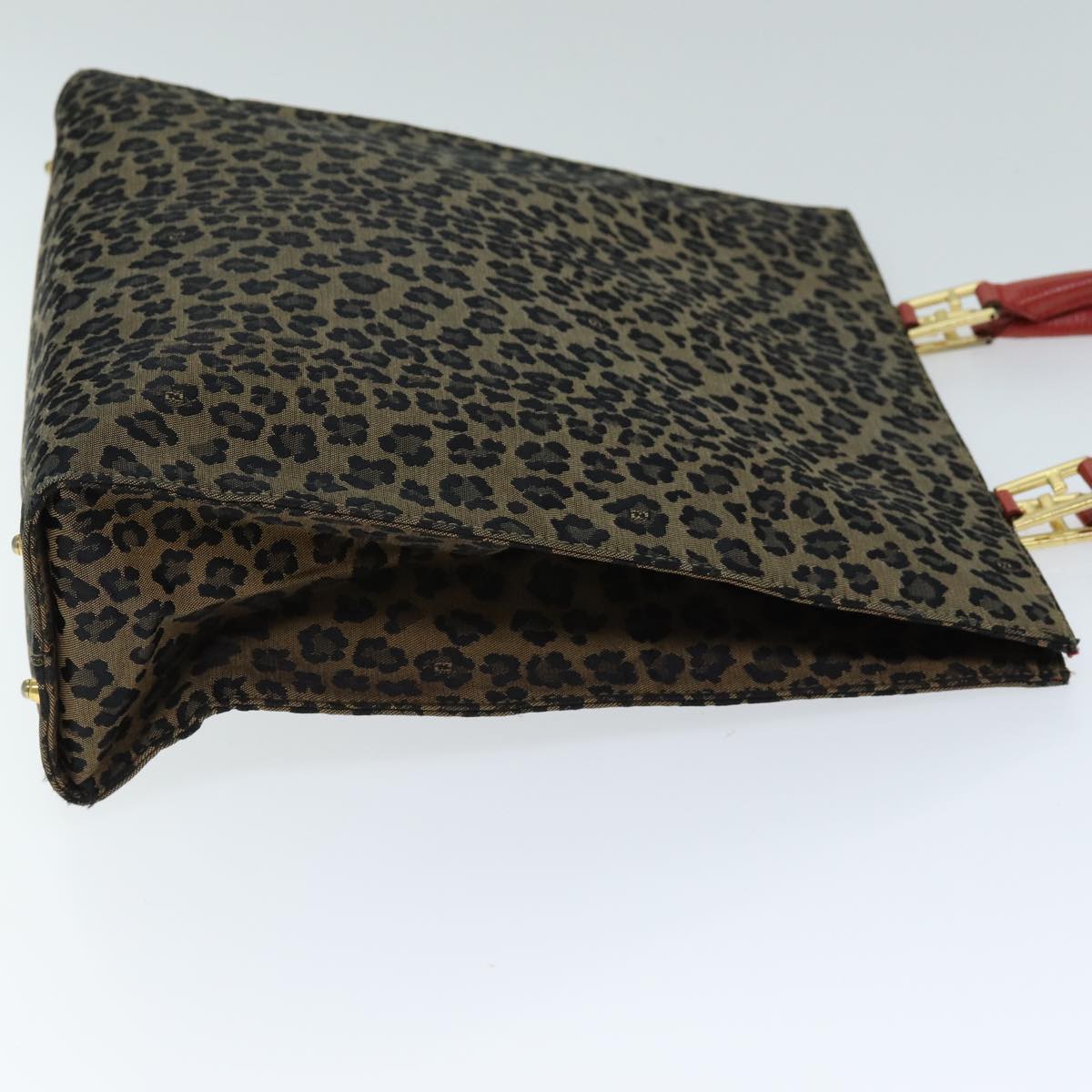 FENDI Leopard Hand Bag Canvas Brown Red Auth bs14393