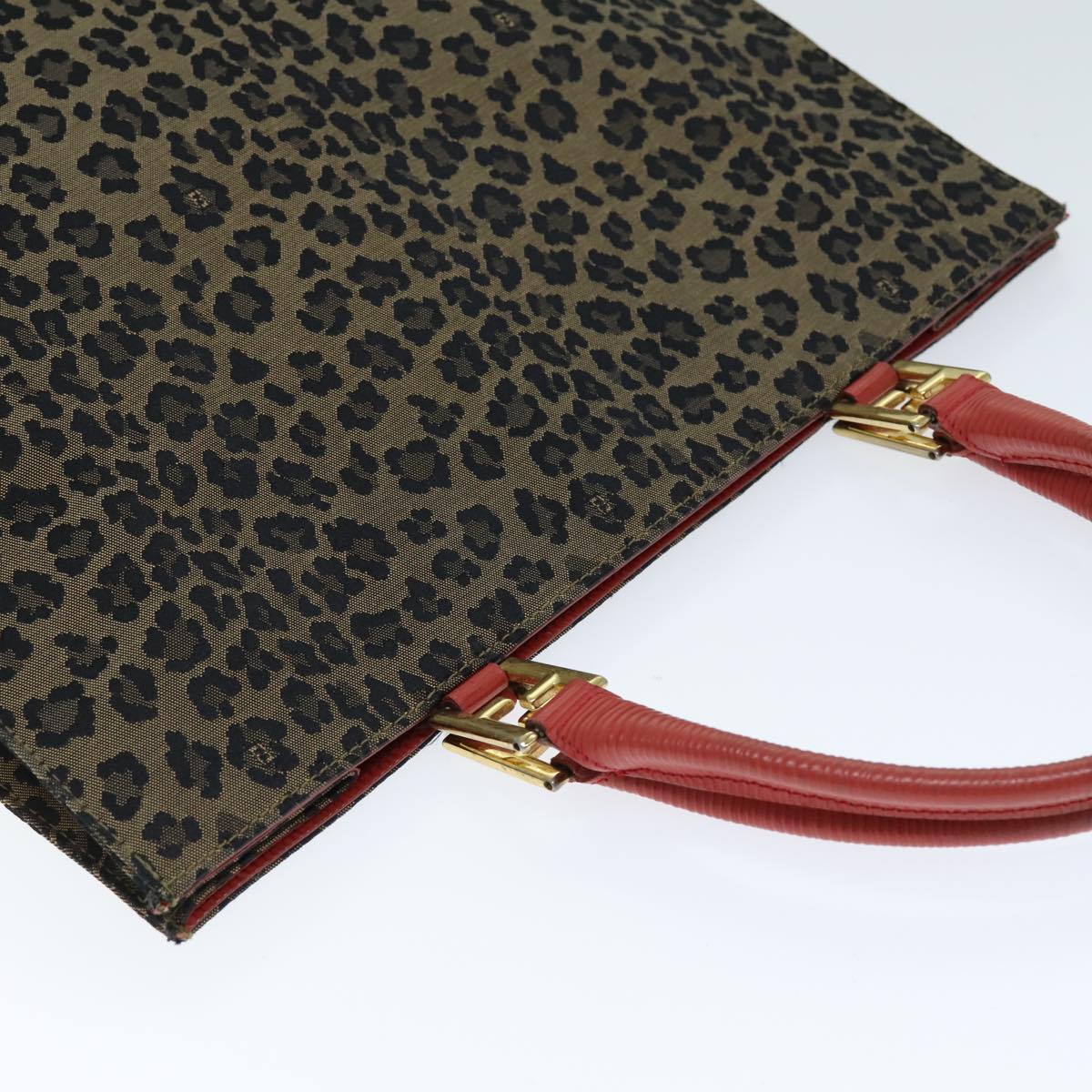 FENDI Leopard Hand Bag Canvas Brown Red Auth bs14393