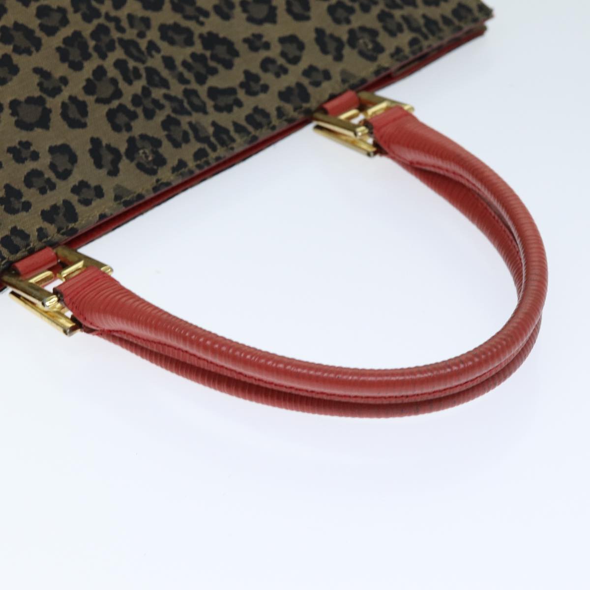 FENDI Leopard Hand Bag Canvas Brown Red Auth bs14393