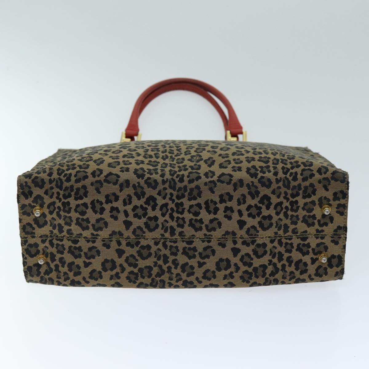 FENDI Leopard Hand Bag Canvas Brown Red Auth bs14393