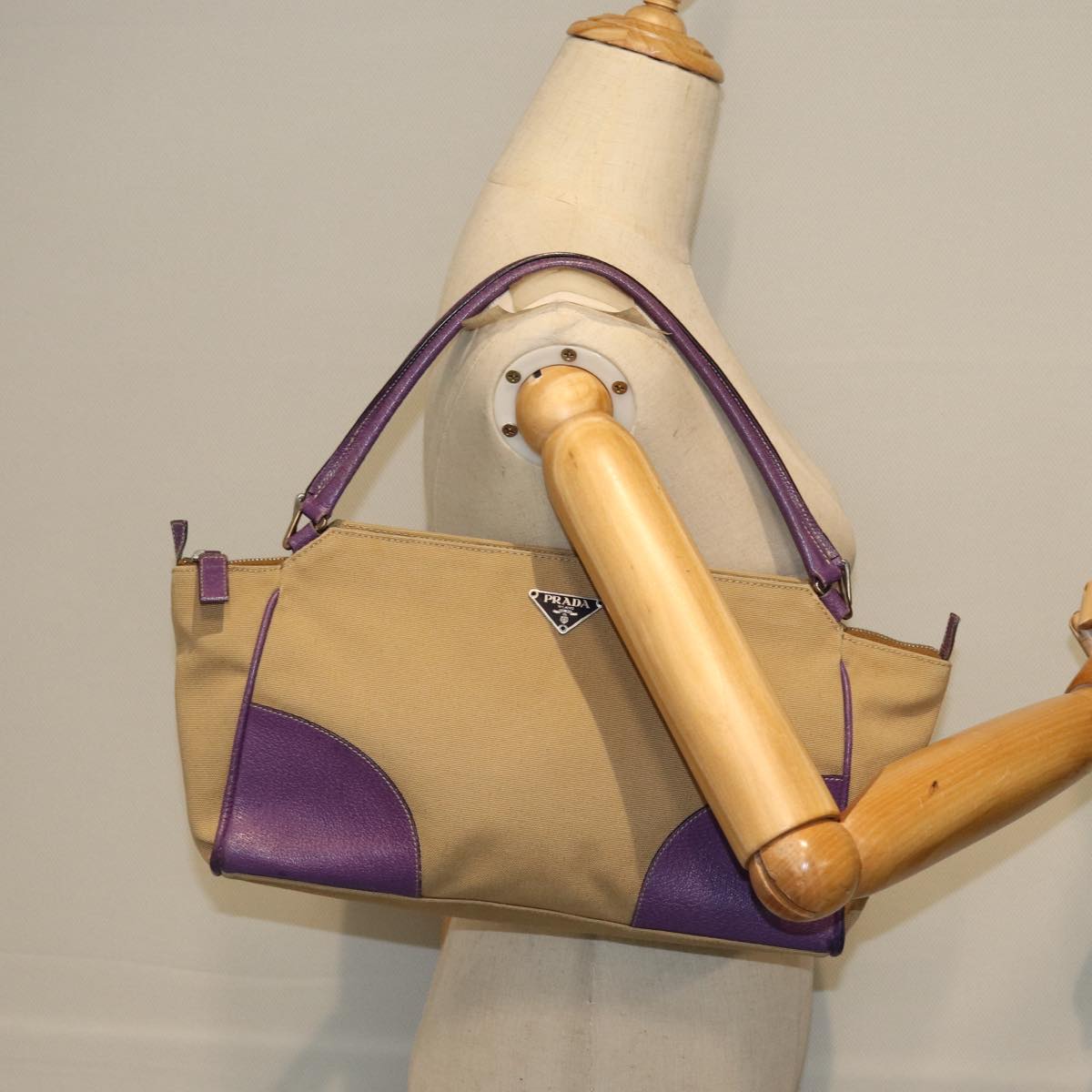 PRADA Hand Bag Canvas Purple Beige Auth bs14396