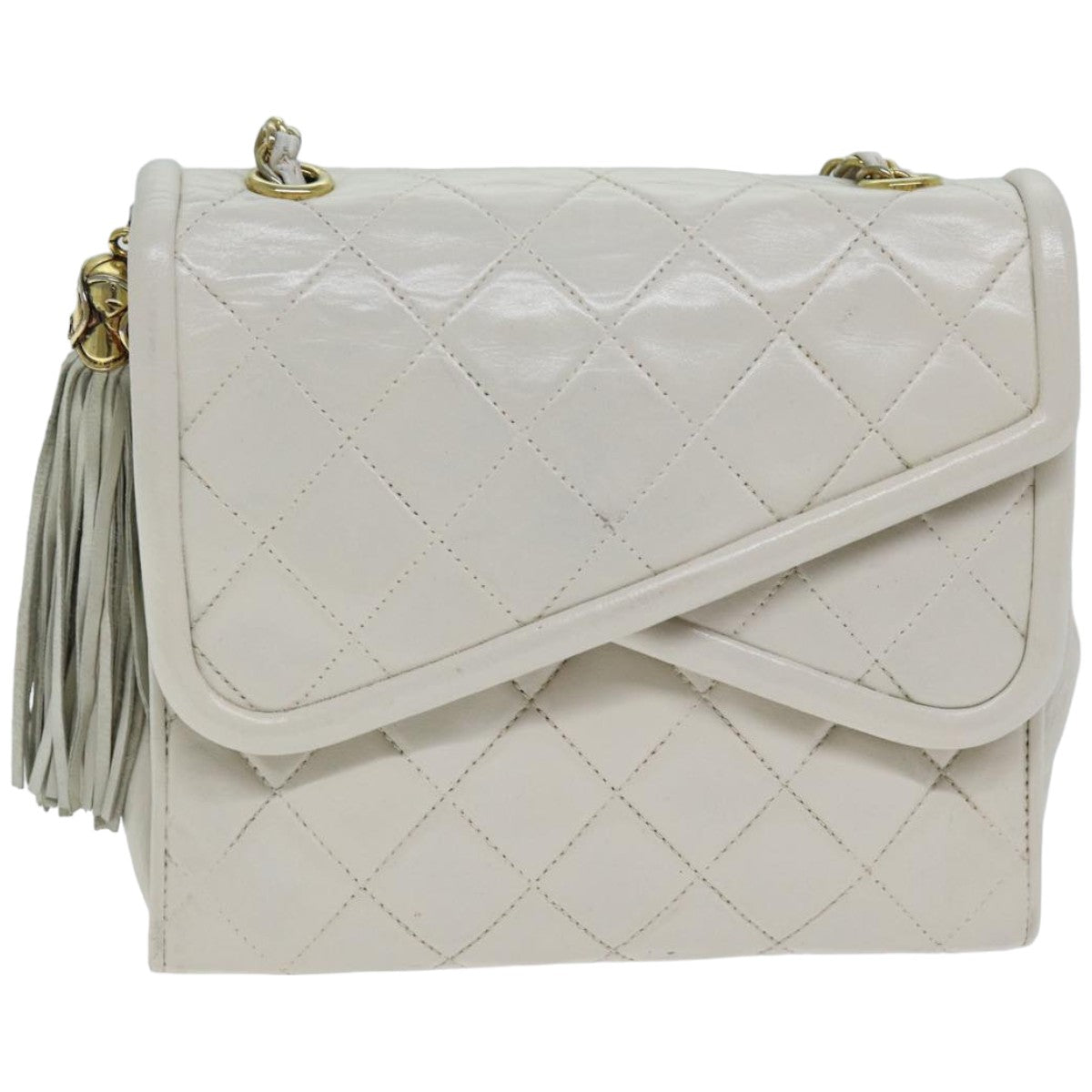 CHANEL Chain Shoulder Bag Lamb Skin White CC Auth bs14403