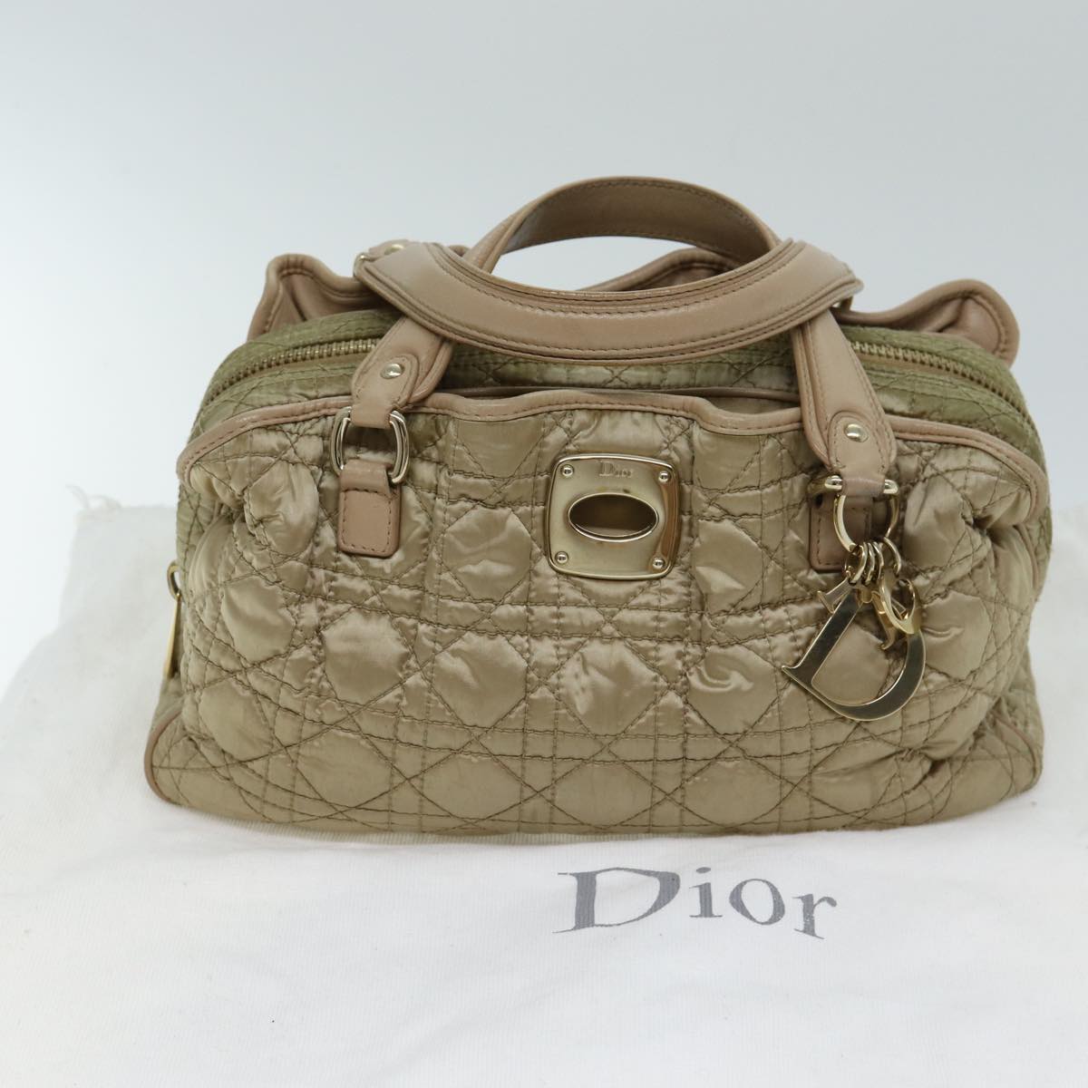 Christian Dior Lady Dior Canage Hand Bag Nylon Beige Auth bs14404