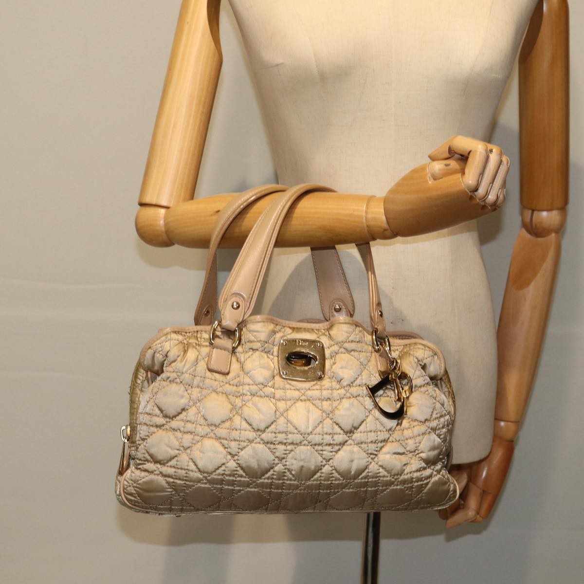 Christian Dior Lady Dior Canage Hand Bag Nylon Beige Auth bs14404