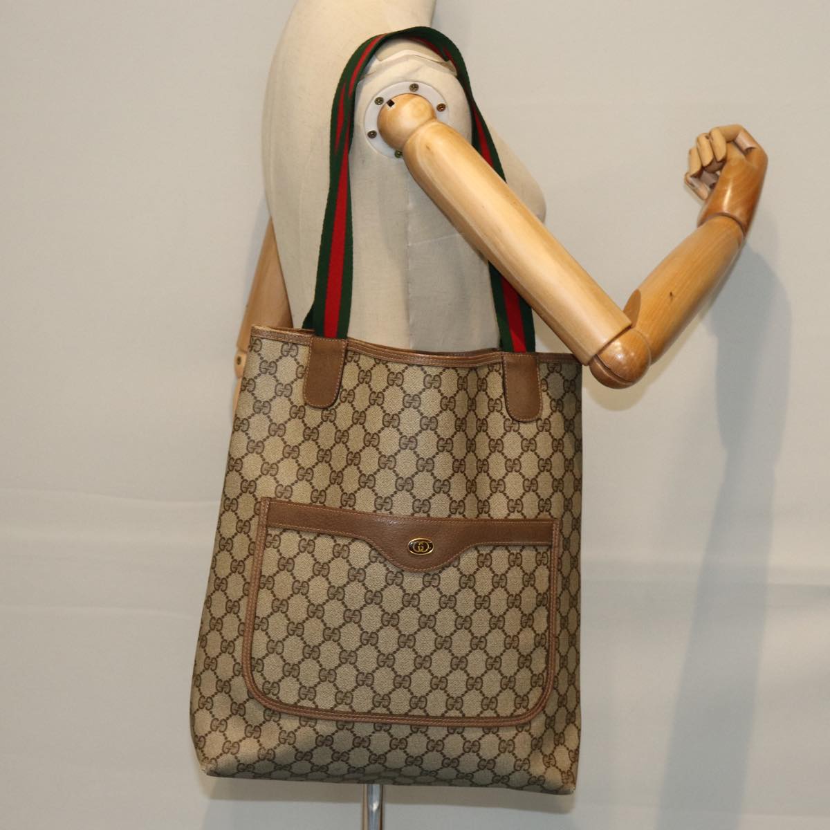 GUCCI GG Supreme Web Sherry Line Tote Bag PVC Beige Red 39 02 003 Auth bs14438