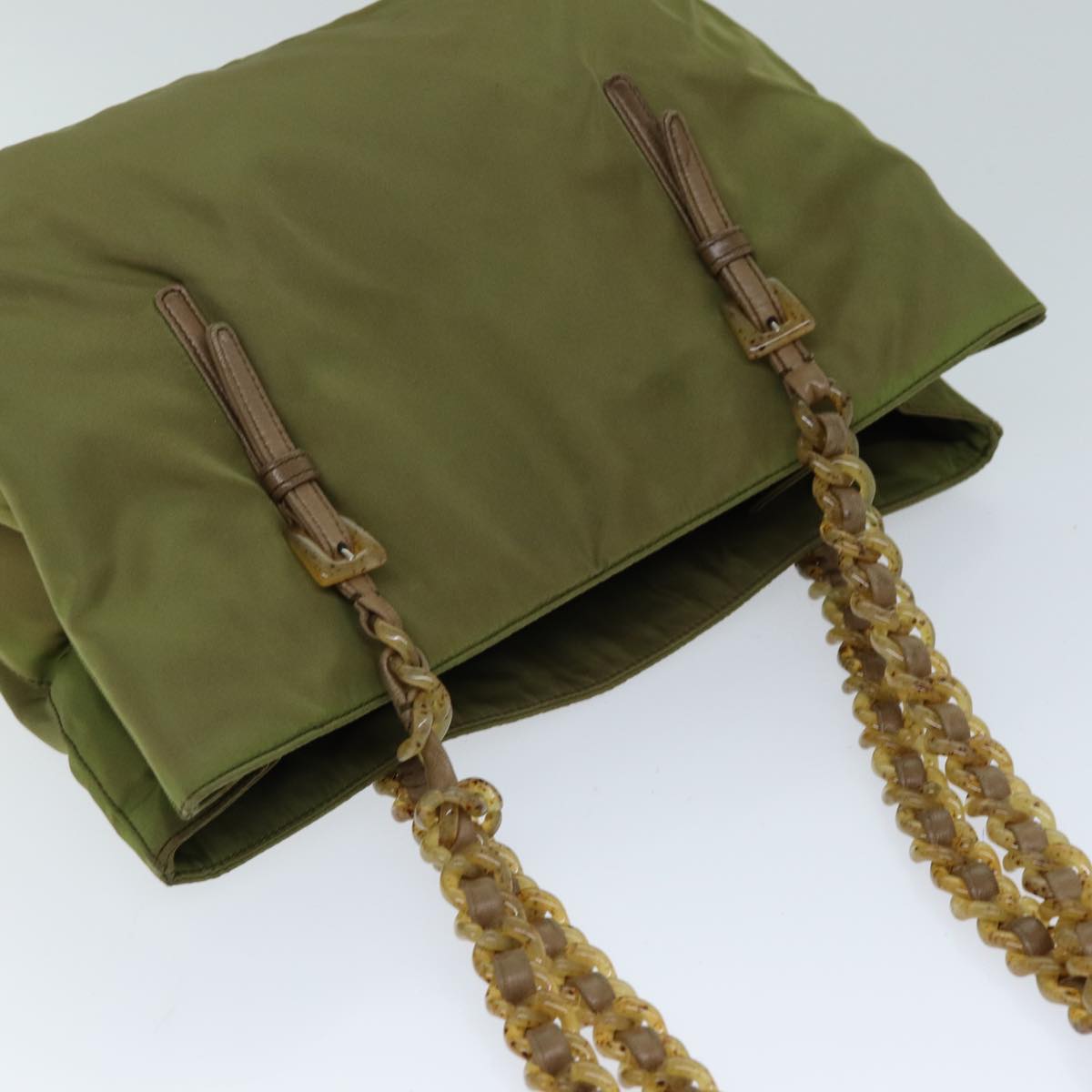 PRADA Chain Shoulder Bag Nylon Khaki Auth bs14447