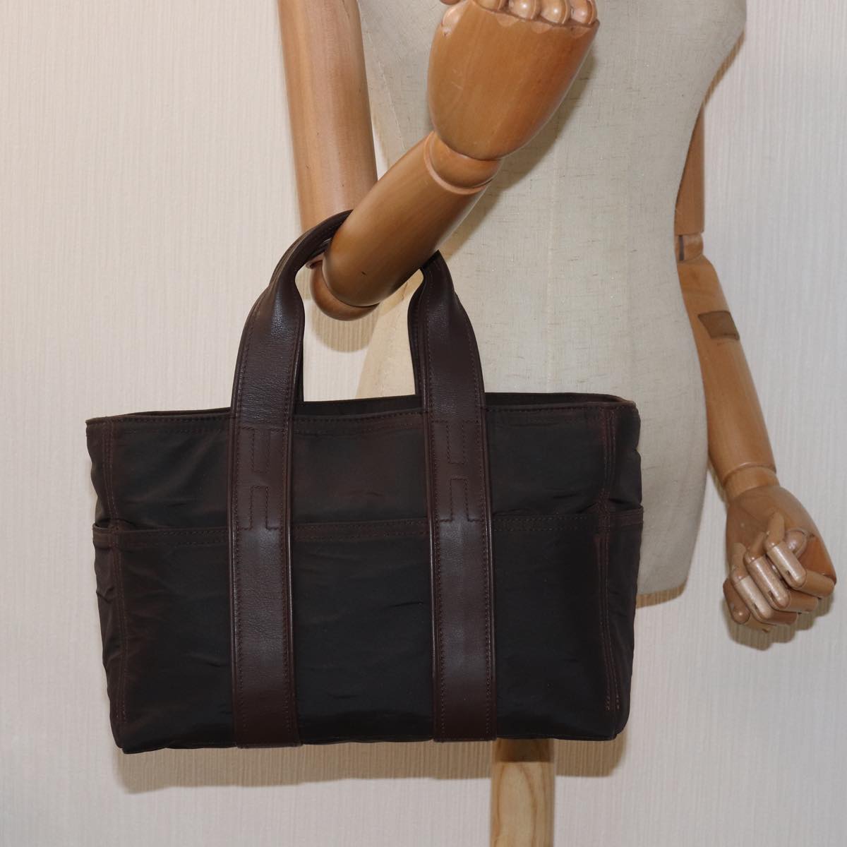 HERMES Acape Luco PM Hand Bag Nylon Brown Auth bs14449