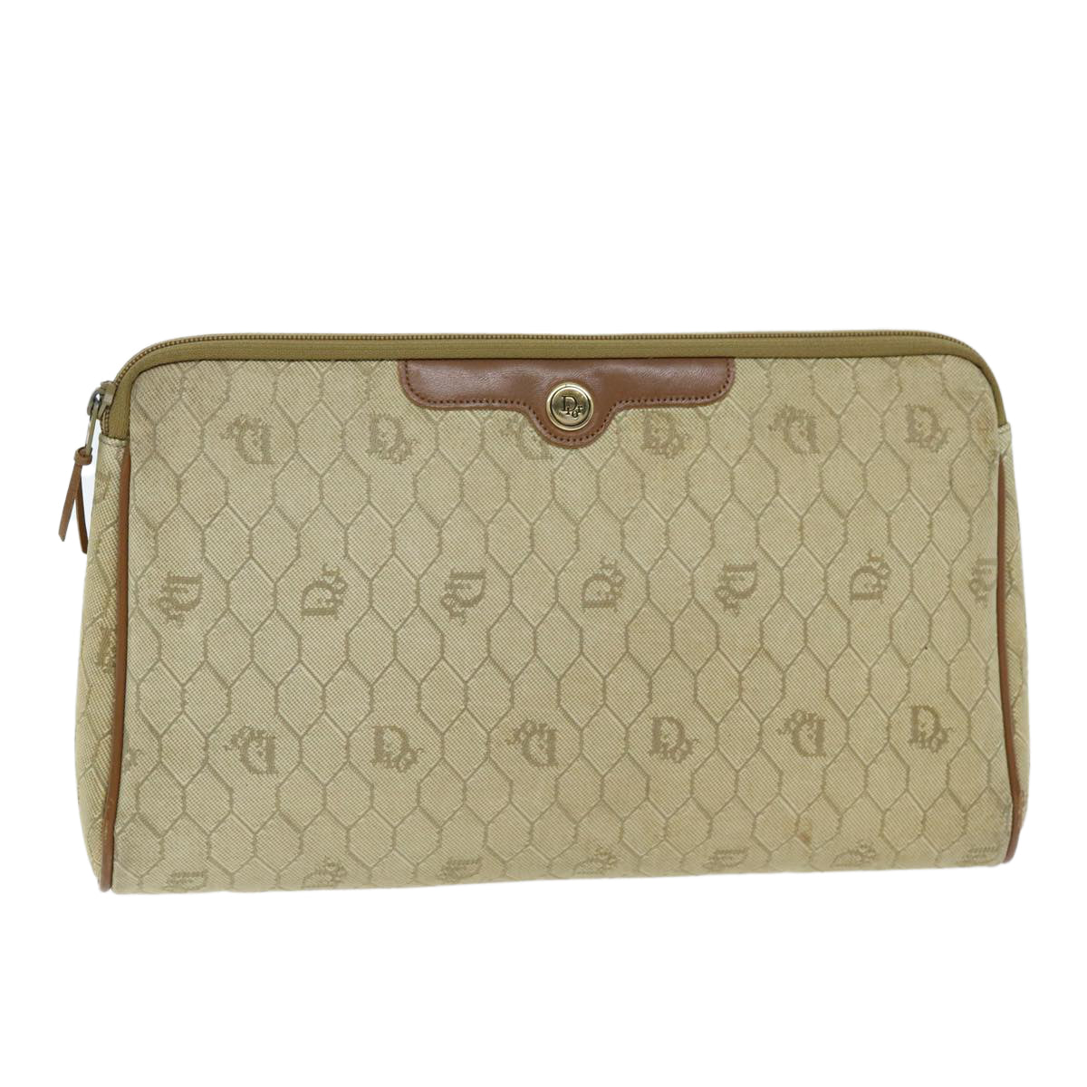 Christian Dior Honeycomb Canvas Clutch Bag PVC Leather Beige Auth bs14451