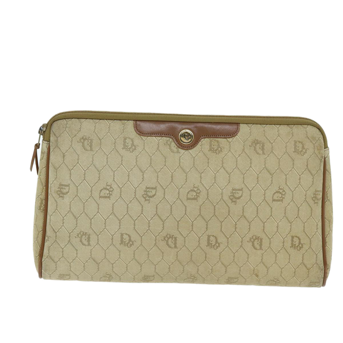 Christian Dior Honeycomb Canvas Clutch Bag PVC Leather Beige Auth bs14451