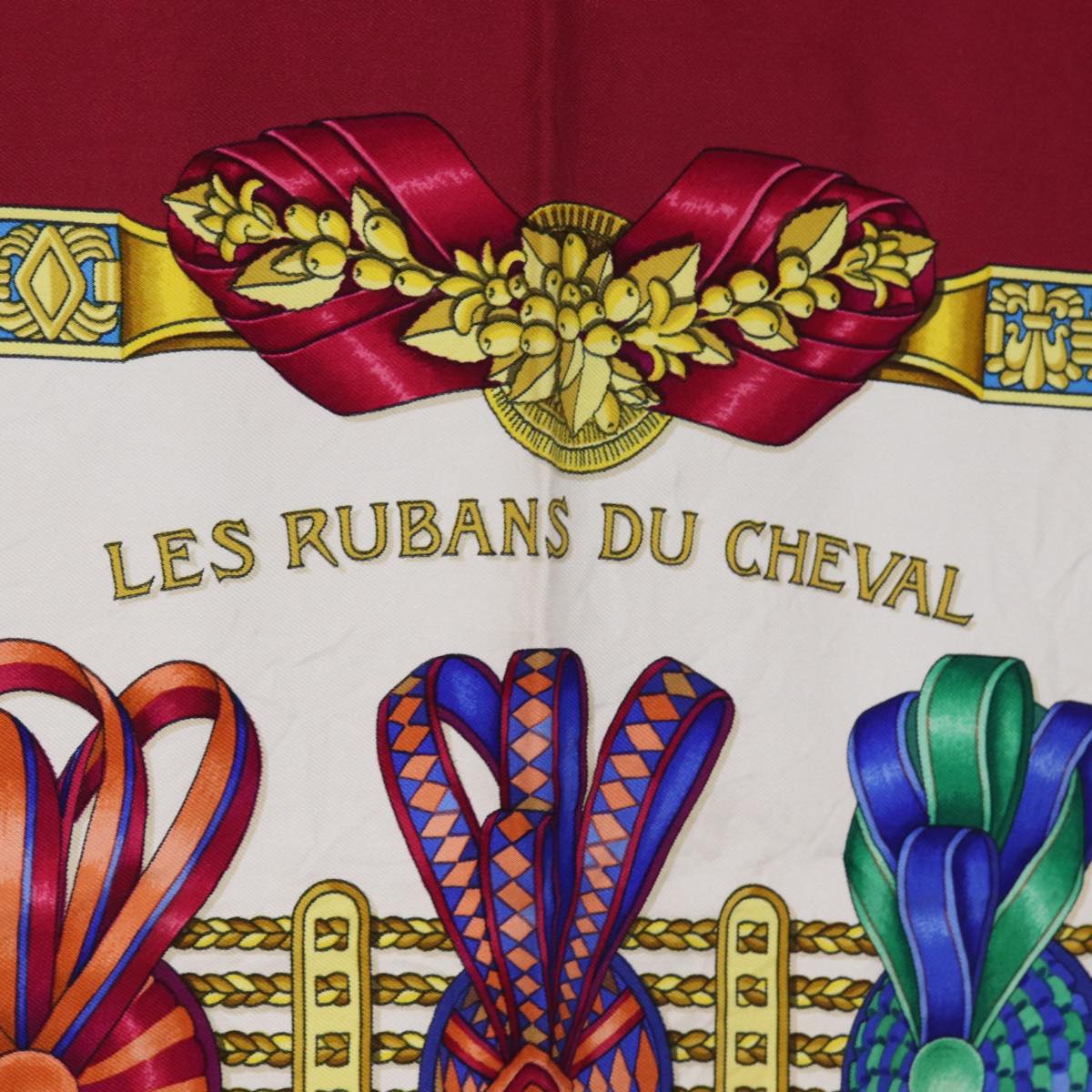 HERMES Carre 90 Scarf ""LES RUBANS DU CHEVAL"" Silk Red Auth bs14454