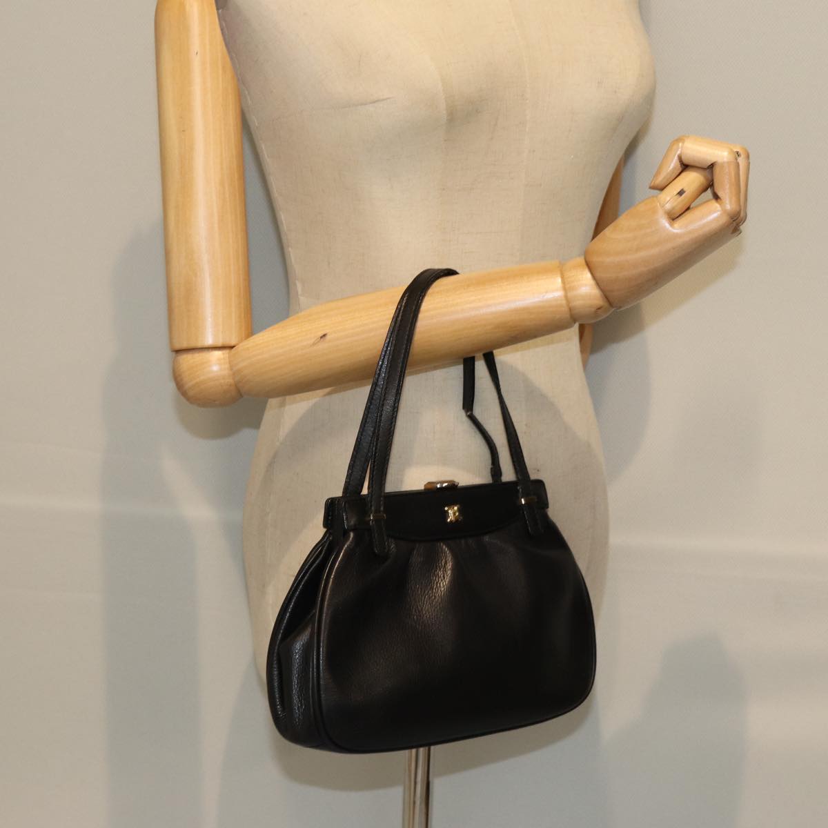 CELINE Hand Bag Leather Black Auth bs14458