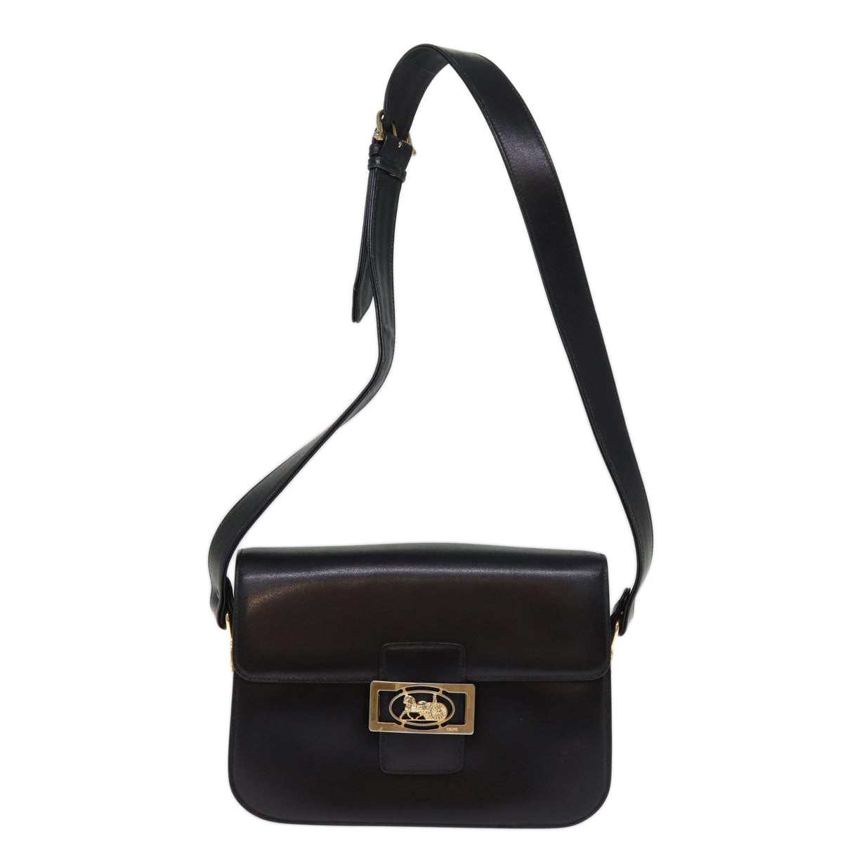 CELINE Horse Carriage Shoulder Bag Leather Black Auth bs14459