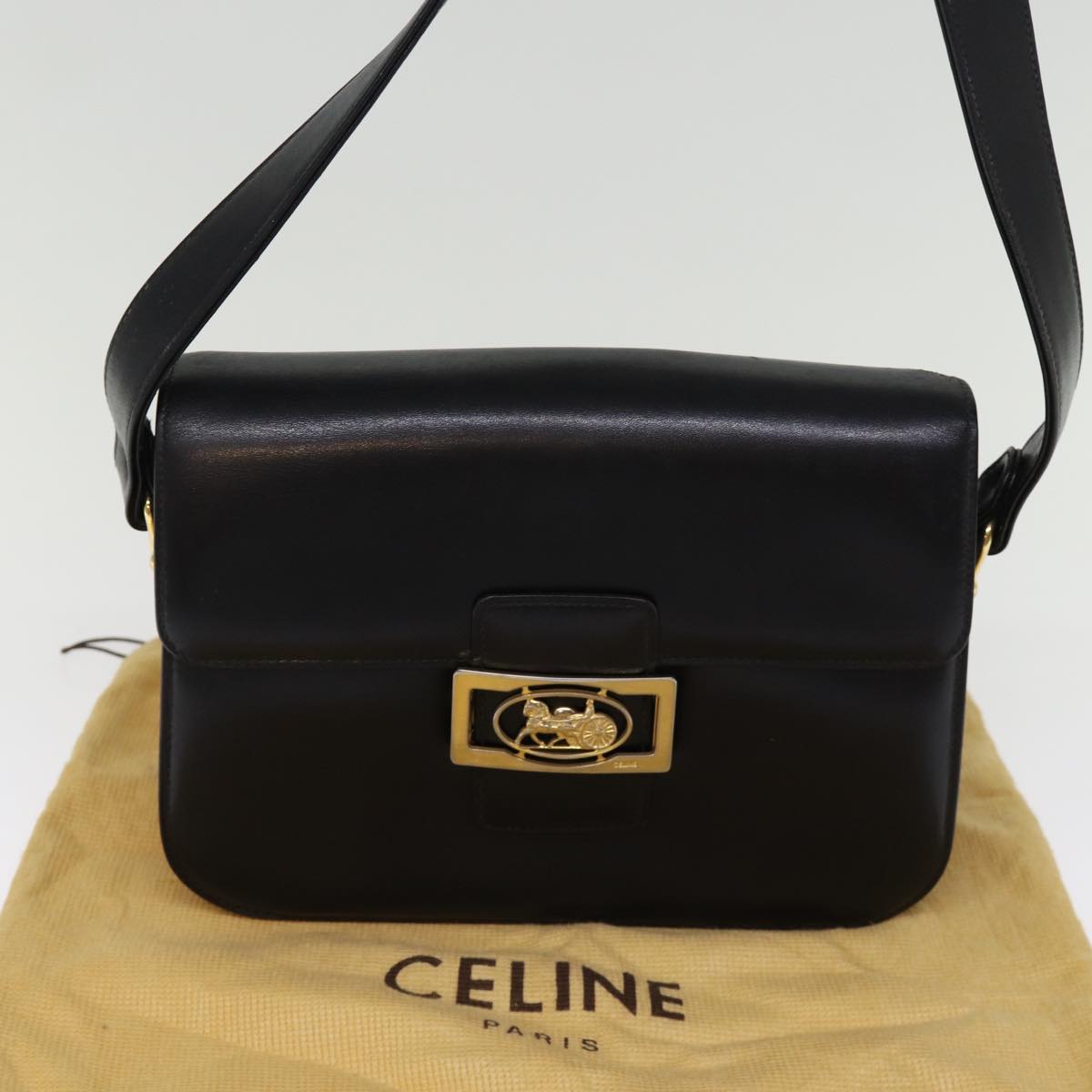 CELINE Horse Carriage Shoulder Bag Leather Black Auth bs14459