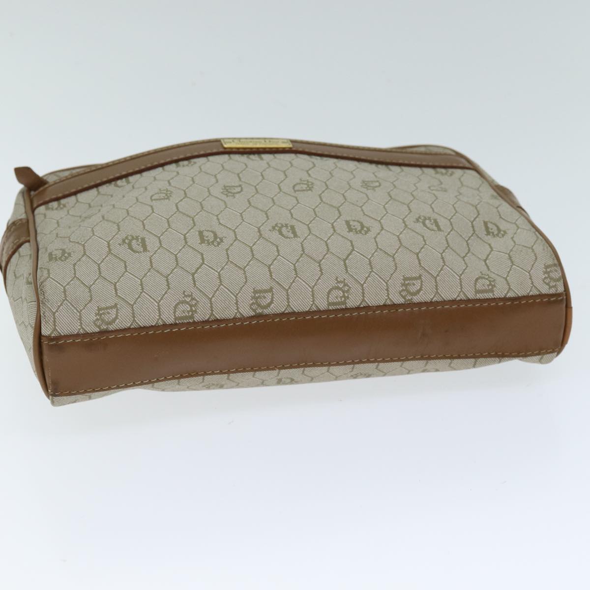 Christian Dior Honeycomb Canvas Clutch Bag PVC Leather Beige Auth bs14478