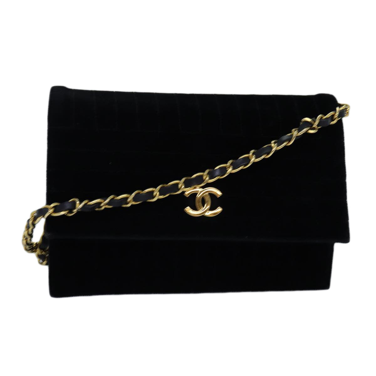 CHANEL Chain Shoulder Bag Velor Black CC Auth bs14482