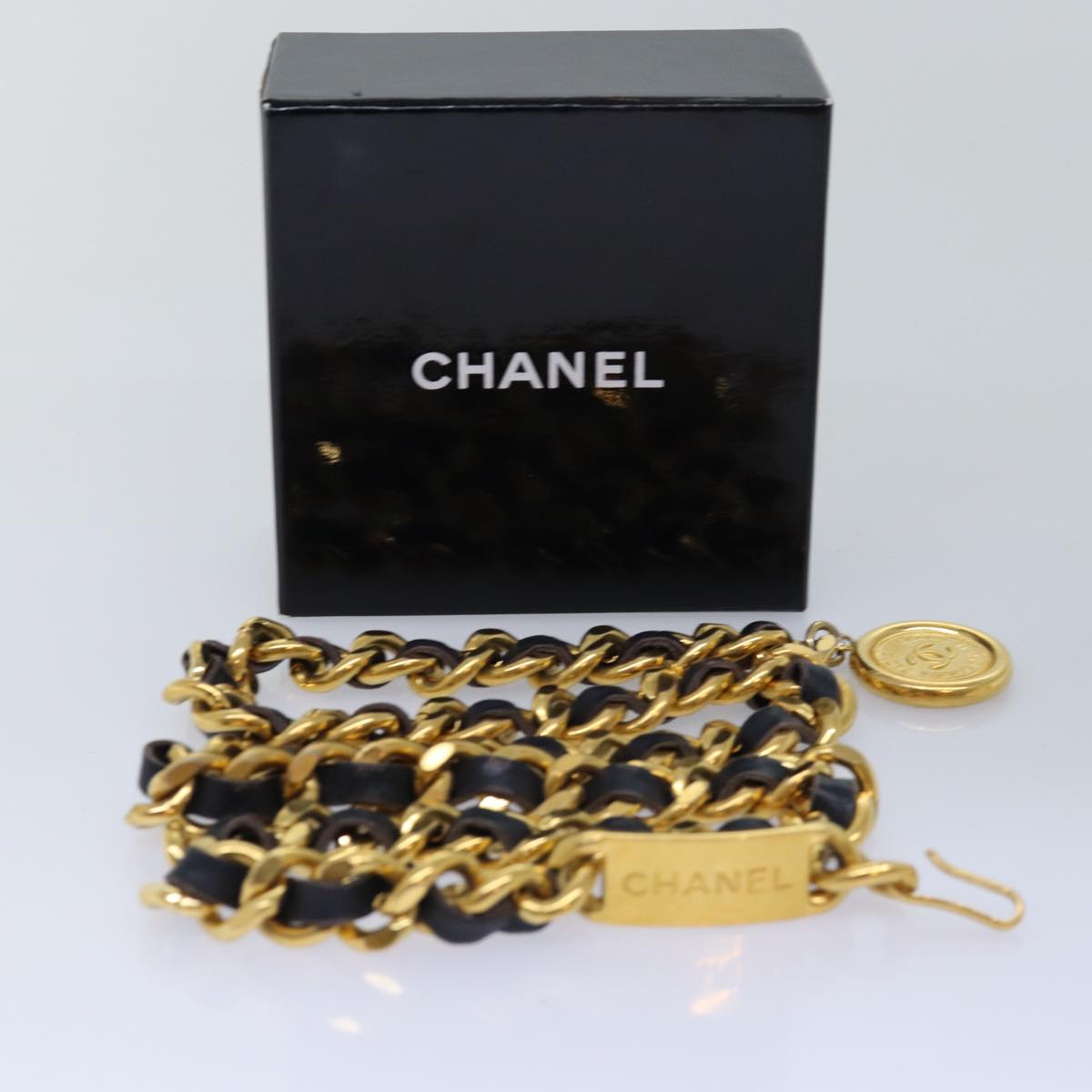 CHANEL Chain Pearl Belt metal 35.8"" Gold Black CC Auth bs14489