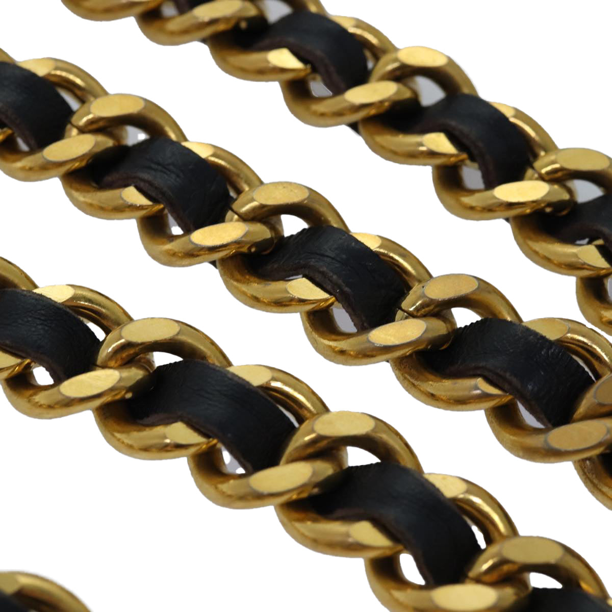 CHANEL Chain Pearl Belt metal 35.8"" Gold Black CC Auth bs14489