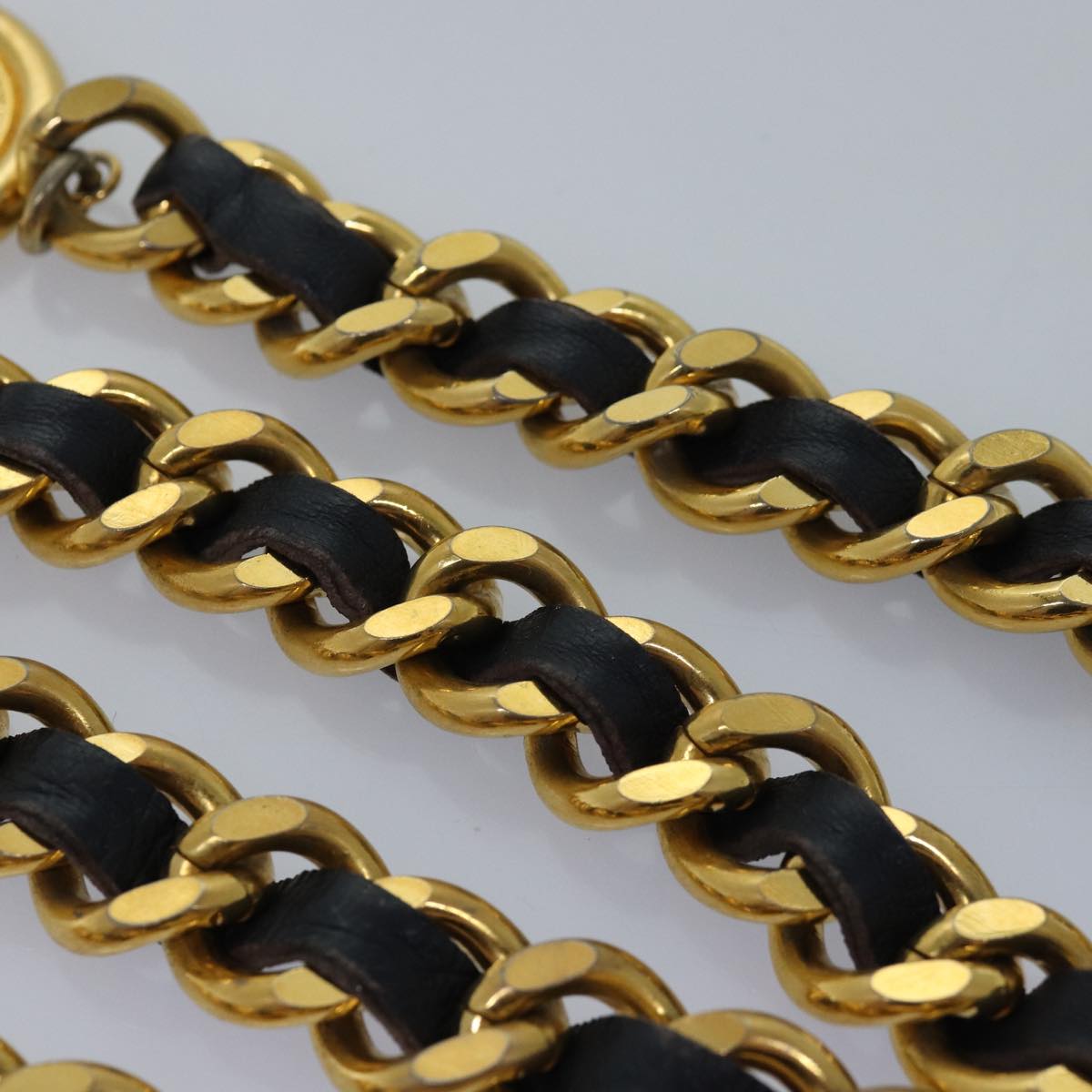 CHANEL Chain Pearl Belt metal 35.8"" Gold Black CC Auth bs14489