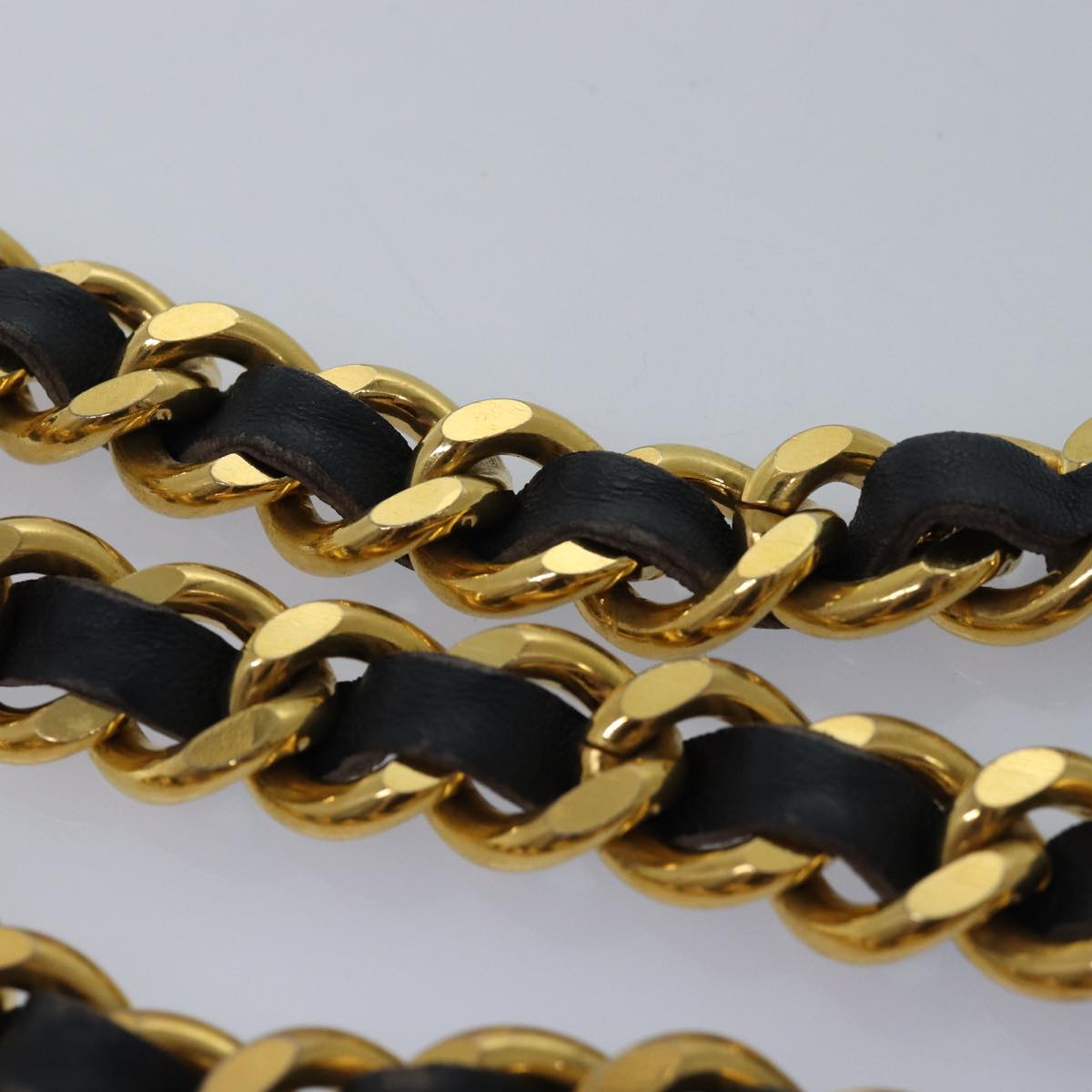 CHANEL Chain Pearl Belt metal 35.8"" Gold Black CC Auth bs14489