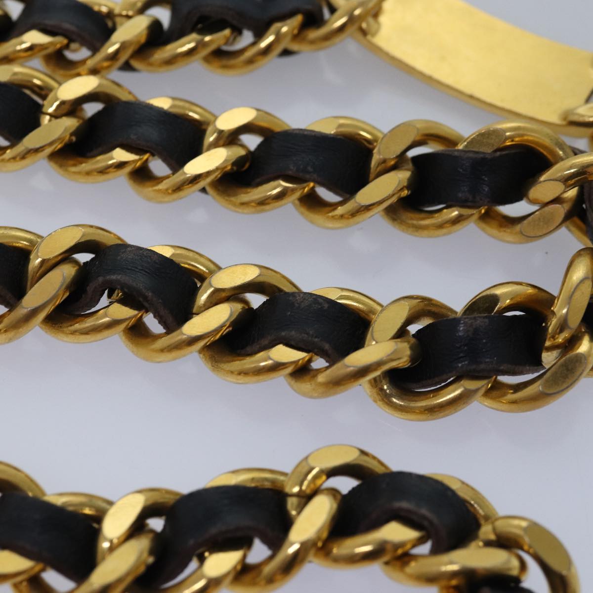 CHANEL Chain Pearl Belt metal 35.8"" Gold Black CC Auth bs14489