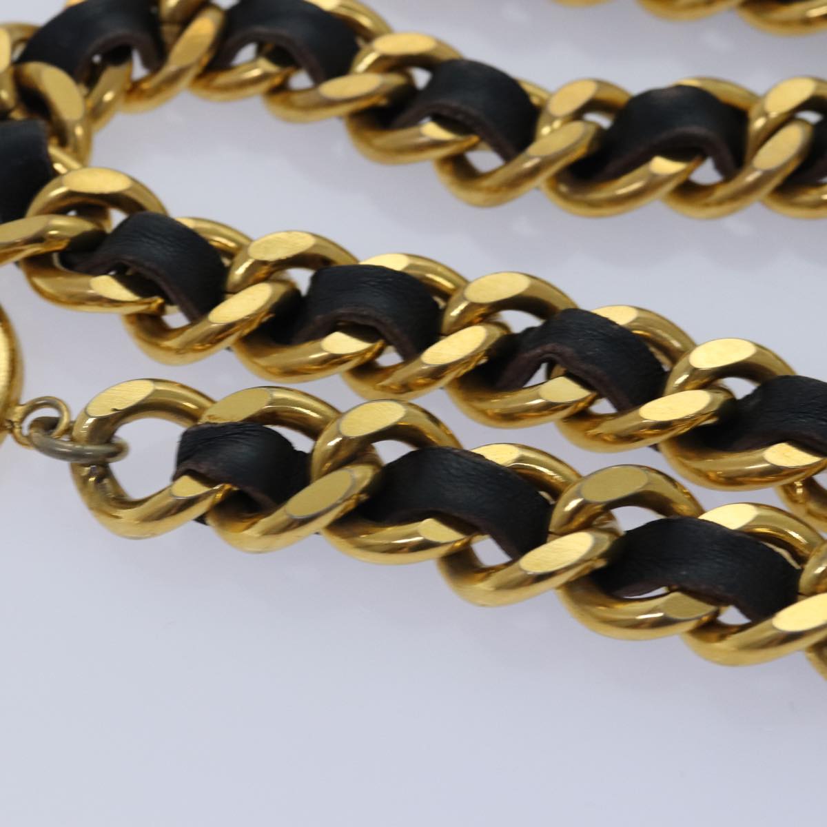 CHANEL Chain Pearl Belt metal 35.8"" Gold Black CC Auth bs14489