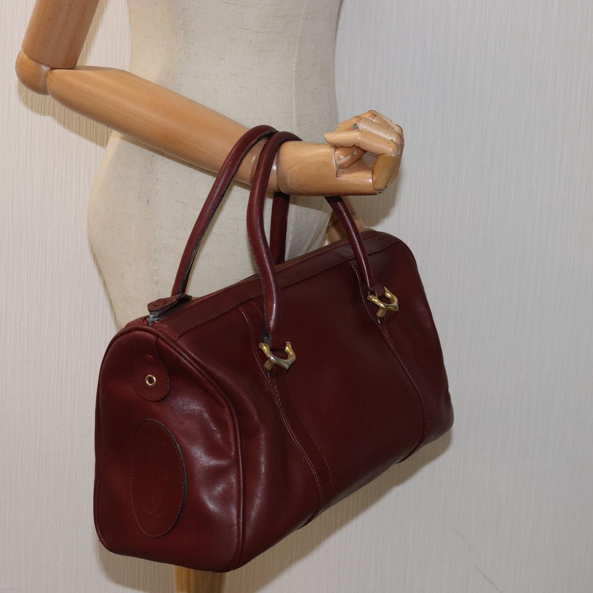 CARTIER Boston Bag Leather Bordeaux Auth bs14552