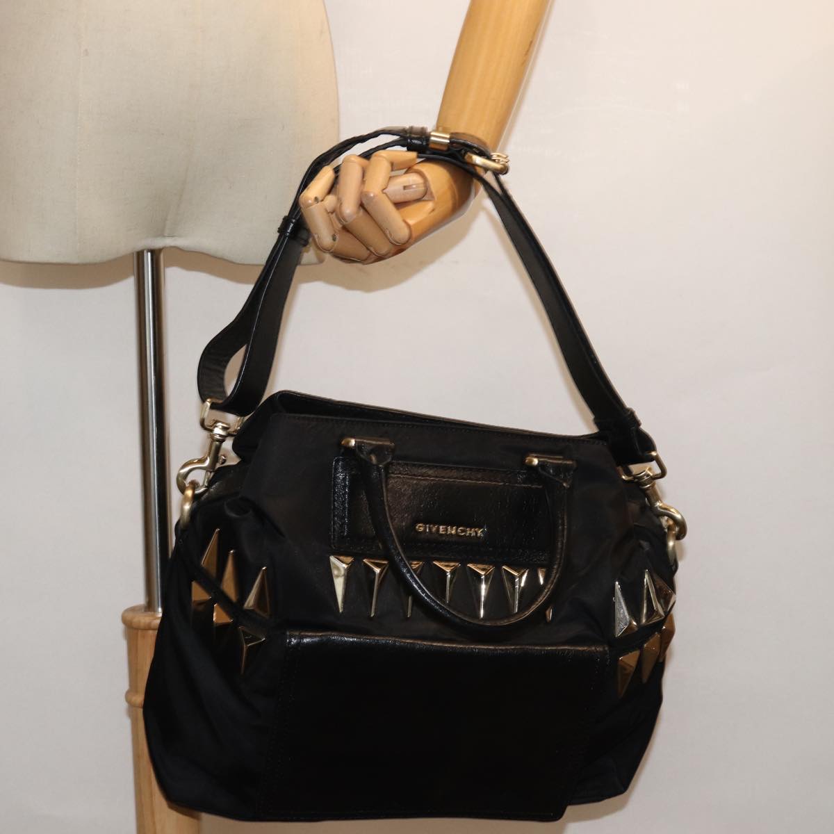 GIVENCHY Hand Bag Nylon Leather 2way Black Auth bs14553